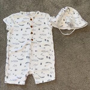 Nordstrom One Piece Short Summer Outfit with matching Hat- 9m